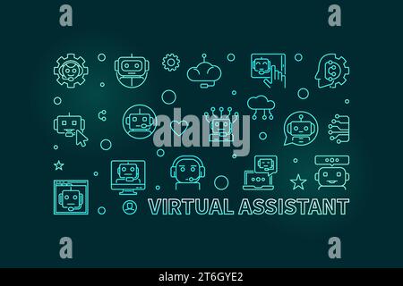 Virtual Assistant Concept Outline horizontales buntes Banner - Online-Chat und Chat-bot-Vektorillustration auf dunklem Hintergrund Stock Vektor