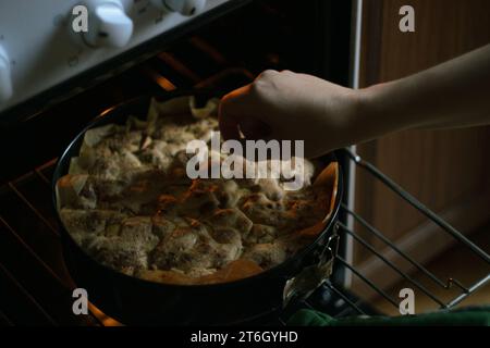 Weibliche Hände überprüfen die Bereitschaft von Charlottes Apfelkuchen und öffnen den Ofen Stockfoto