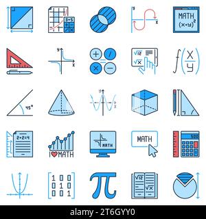 Mathematisch farbige Symbole gesetzt. Mathematische Bildungs- und Wissenschaftskonzepte Vektor kreativer Zeichen Stock Vektor