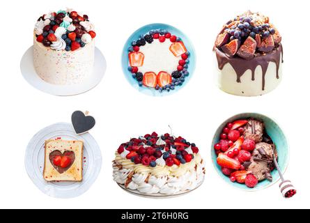 Eine Auswahl an isolierten, hausgemachten Desserts, Snacks und Kuchen mit frischen Beeren. Toast, griechischer Joghurt, Eis und Kuchen auf bunten Tellern. Ideen für das Menü Stockfoto