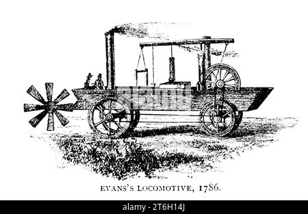 EVANS’s LOKOMOTIVE, 1786 Oliver Evans (* 13. September 1755 bis 15. April 1819) war ein US-amerikanischer Erfinder, Ingenieur und Geschäftsmann, der im ländlichen Delaware geboren wurde und später kommerziell in Philadelphia verwurzelt war. Er war einer der ersten Amerikaner, der Dampfmaschinen baute und ein Verfechter von Hochdruckdampf (im Gegensatz zu Niederdruckdampf) war. Als Pionier in den Bereichen Automatisierung, Materialumschlag und Dampfleistung war Evans einer der produktivsten und einflussreichsten Erfinder in den frühen Jahren der Vereinigten Staaten aus dem Artikel PIONIER LOKOMOTIVEN IN ENGLAND UND AMERIKA. Von Alfred Mathews. Vom Motor aus Stockfoto