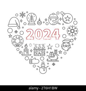 2024 Happy New Year Umriss herzförmiges Banner - Vektor Weihnachten Herz minimale Illustration Stock Vektor