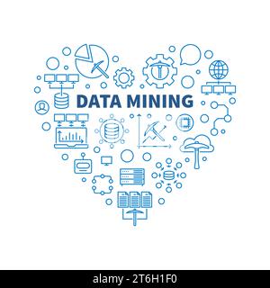 Data Mining – herzförmiges blaues Banner im Umrissstil. Abbildung des Konzepts der Datenbanksysteme Stock Vektor