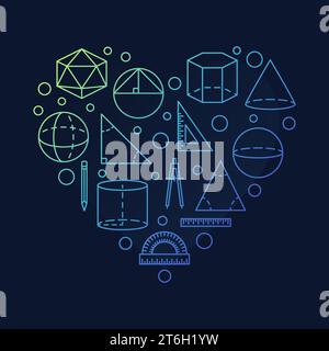 Geometrisches, herzfarbenes vertikales Banner. Ich liebe Geometry Science Concept – herzförmige Illustration im Umrissstil mit dunklem Hintergrund Stock Vektor
