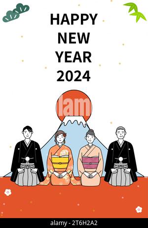 Neujahrskarte für 2024, Familie in Kimonos, Mt. Fuji und der erste Sonnenaufgang des Jahres, Vektor-Illustration Stock Vektor