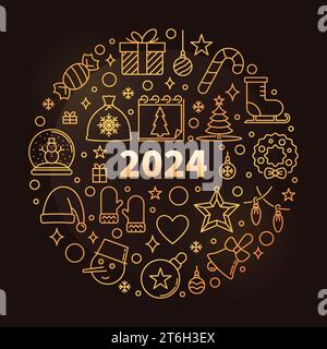 Neujahr 2024 Umriss rund goldene Banner - Vektor Weihnachten Illustration oder Poster mit dunklem Hintergrund Stock Vektor