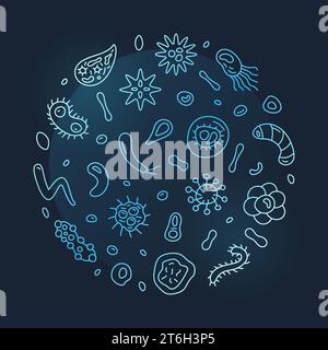 Bakterienkonzept Wissenschaft rundes blaues Banner mit Bazillen-Umrisssymbolen - Vektor-Illustration mit dunklem Hintergrund Stock Vektor