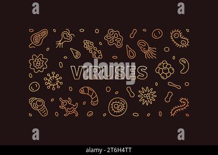 Viren Konzept Umrisse goldene horizontale Banner mit Virus Umrisszeichen - Vektor-Illustration mit dunklem Hintergrund Stock Vektor