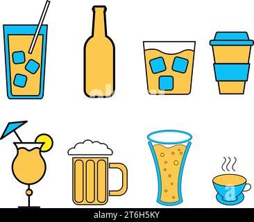 Set mit einfachen Ikonen für alkoholische Getränke für die Bar, das Café: Cocktails, Gläser, Bier, Flaschen, Whiskey, Kaffee, Tee auf weißem Hintergrund. Vektoril Stock Vektor