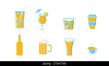 Icons Set von alkoholischen und alkoholfreien Getränken Flaschen und Tassen Tee Kaffee Bier Cocktails und Whiskey Wodka mit Eis auf weißem Hintergrund. Vektor Stock Vektor