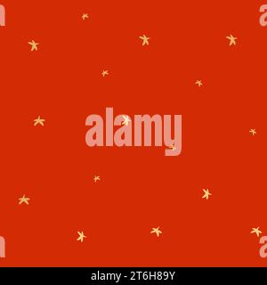Hand gezeichnetes abstraktes nahtloses Muster des Vektors mit einfachen minimalistischen Sternen isoliert auf rotem Hintergrund. Design für Verpackungspapier, Stoff, Journaling Stock Vektor