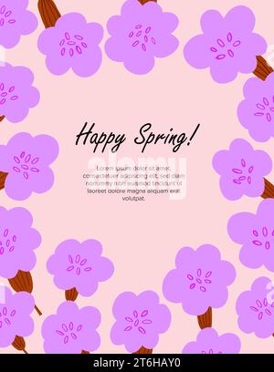 Frühlings-Postkartendesign mit schlichtem Rahmen mit Doodle-Blumen auf rosafarbenem Hintergrund. Osterpostkarte mit Blumen. Vektorabbildung Stock Vektor