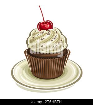 Vektor-Logo für Schokoladen-Cupcake, quadratisches Poster mit Illustration des Fudge-Cupcake mit amarena-Kirsche auf verdrehter Milchcreme für Café-Menü, Mini-Wade Stock Vektor