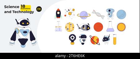 Science Technology Engineering 2D lineare Zeichentrickobjekte bündeln Stock Vektor