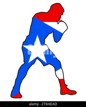 Silhouette eines schweren Boxers in Umriss über der Nationalflagge von Puerto Rico Stockfoto
