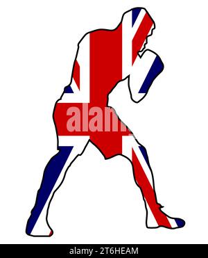Silhouette eines schweren Boxers mit Umriss über der Union Jack UK-Nationalflagge Stockfoto