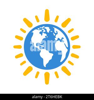 Blauer Globus mit gelben Sonnenstrahlen auf weißem Hintergrund. Globale Erwärmung oder Klimaschutzkonzept. Vektorabbildung Stock Vektor