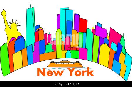 Farbenfrohe abstrakte Skyline von New York City mit Freiheitsstatue und Fähre Stock Vektor