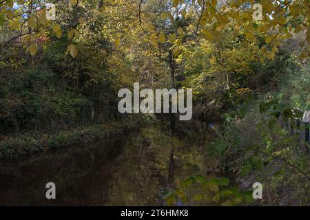 Edinburgh: Das Wasser von Leith fließt leise zwischen Dean Village und den National Galleries of Scotland: Modern One. Stockfoto