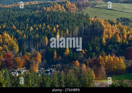 Balmoral Estates Crathie Scotland Anwesen Häuser mit herbstlichen Farben in den Bäumen und Blättern Stockfoto