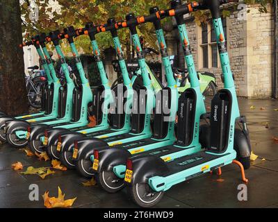 Reihe von hellgrünen West Scoot Elektrorollern, betrieben von der deutschen Firma Tier in James Street West, Bath, Somerset. Stockfoto