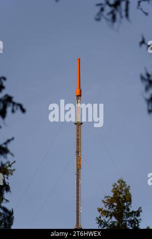 Oben auf einem hohen Fernsehmast vor dem blauen Himmel, vom Wald aus gesehen. Stockfoto