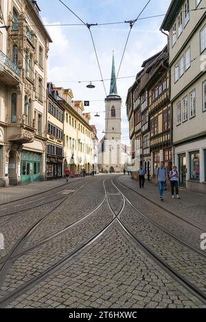 Thüringen, Erfurt, Altstadt, Marktstraße, Fußgängerzone, Straßenbahnstrecken Stockfoto