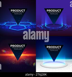 Futuristische Produktständer Set. Podium-Vorlage für pc-Gaming-Zubehör. Abstrakte High-Tech-Hintergründe für Displaytechnologieprodukte. Bearbeitbar Stock Vektor