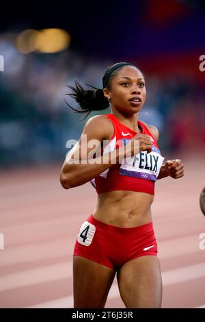 4. August 2012: Allyson Felix aus den Vereinigten Staaten während des 100-Meter-Turniers der Frauen bei den Olympischen Spielen 2012 in London. Stockfoto