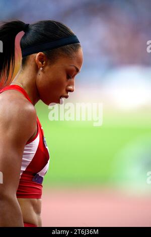 4. August 2012: Allyson Felix aus den Vereinigten Staaten während des 100-Meter-Turniers der Frauen bei den Olympischen Spielen 2012 in London. Stockfoto