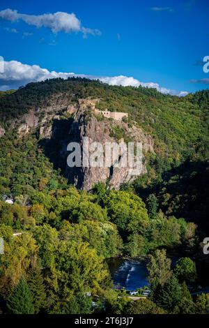 Bad Münster am Stein, Burg, Felsenlandschaft, Grafen von Sponheim, Herbst, Hochburg, Martin Bucer, Mineral Spa, nahe, Porphyr-Gesteinsformation, Raugrafen, Reformator, Reichsritter Franz von Sickingen, Rheingrafenstein, Burg, Ulrich von Hutten, Vorburger Ruine Affenstein Stockfoto