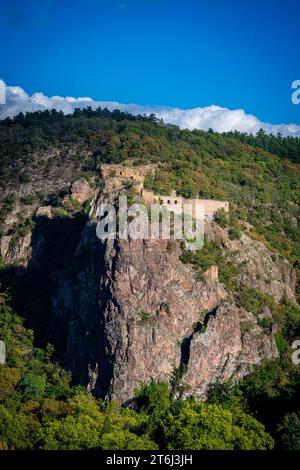 Bad Münster am Stein, Burg, Felsenlandschaft, Grafen von Sponheim, Herbst, Hochburg, Martin Bucer, Mineral Spa, nahe, Porphyr-Gesteinsformation, Raugrafen, Reformator, Reichsritter Franz von Sickingen, Rheingrafenstein, Burg, Ulrich von Hutten, Vorburger Ruine Affenstein Stockfoto