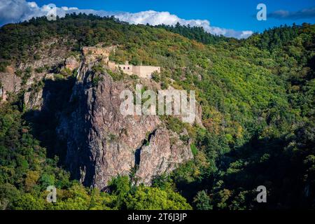 Bad Münster am Stein, Burg, Felsenlandschaft, Grafen von Sponheim, Herbst, Hochburg, Martin Bucer, Mineral Spa, nahe, Porphyr-Gesteinsformation, Raugrafen, Reformator, Reichsritter Franz von Sickingen, Rheingrafenstein, Burg, Ulrich von Hutten, Vorburger Ruine Affenstein Stockfoto