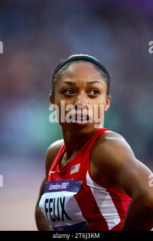 4. August 2012: Allyson Felix aus den Vereinigten Staaten während des 100-Meter-Turniers der Frauen bei den Olympischen Spielen 2012 in London. Stockfoto