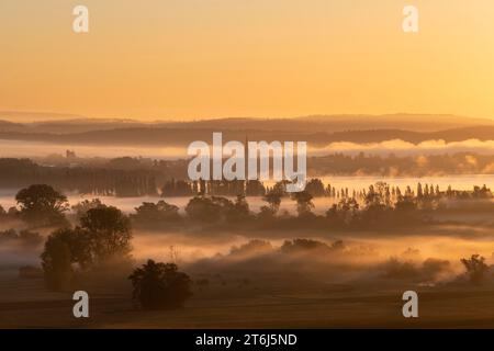 Frühmorgendlicher Nebel mit Sonnenaufgang über dem Radolfzeller Aachried, dahinter der Bodensee mit der Stadt Radolfzell, Landkreis Konstanz Stockfoto