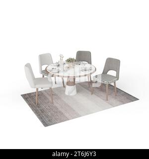 Ein eleganter weißer runder Tisch für ein üppiges Abendessen, mit vier grauen Stühlen und einem makellos weißen Teller Stockfoto