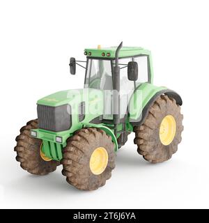 Ein großer landwirtschaftlicher Traktor mit grüner Farbe und vier Rädern, die auf weißem Hintergrund geparkt sind Stockfoto