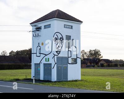 Weinflasche, Graffiti auf Transformatorhaus, Südoststeirisches Bergland, Steiermark, Österreich, Graffiti, Street Art, Kunst, Straßenmalerei Stockfoto