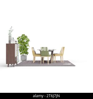 Ein elegantes Esszimmer mit einem modernen Tisch und vier grünen Polsterstühlen sowie einem stilvollen Sideboard für zusätzlichen Stauraum Stockfoto