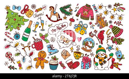Großes Set mit bunten lustigen Doodle-Elementen auf handgezeichnetem Weihnachtsmotiv. Vektor-Doodle-Illustrationen für Ihr Design Stock Vektor