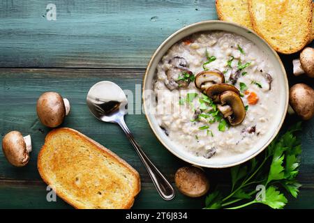 Pilzsuppe mit Portabella-Pilzen, Karotten und frischer Petersilie. Serviert mit geröstetem französischem Brot auf einem grünen Holztisch. Ansicht der Tischaufsicht. Gemeinkosten Stockfoto