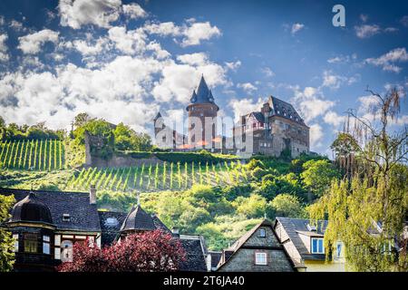 Die Stadt Bacharach am Mittelrhein, die Burg Stahleck und mehrere Stadttürme umrahmen die Kernstadt, die Werner-Kapelle und die St. Peter fällt auf, Stockfoto