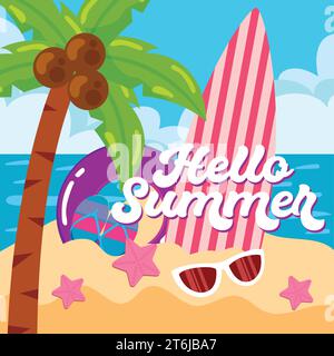 Hallo Sommer-Poster mit Strand-Ikonen Vektor Stock Vektor