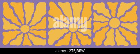 Trendige, groovige Sonnenstrahlen, Wandkunst, Poster. Sonnenkompositionen im Boho-Stil der 70er Jahre. Stock Vektor