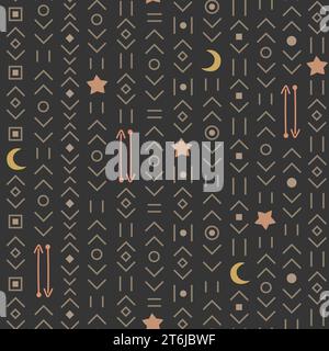 Stammesstamm azteken, indianer, navajo, mexikanisches nahtloses Muster. Dunkler Hintergrund der amerikanischen Ureinwohner. Stock Vektor
