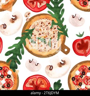 Nahtlose Pizza mit Pilzen, Tomaten, Oliven und Rucola. Aquarellillustration für Menüs, Rezepte, Küchentextilien, Gestaltung von Cafés, re Stockfoto