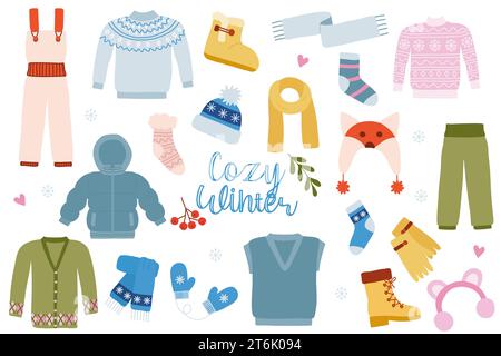 Set von gemütlichen warmen Winterkleidung und Accessoires, Bleib warm Konzept, Vektor-Illustration Stock Vektor