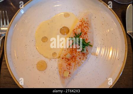 Weißes Filet mit köstlichem Fisch John Dory, St. Pierre oder Peter's Fisch serviert mit Muschelfischsauce in einem luxuriösen Restaurant in Bordeaux Region, Frankreich, c Stockfoto