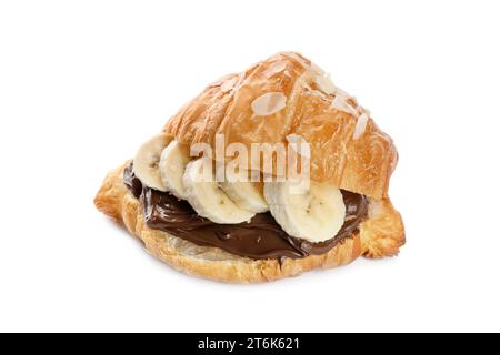 Köstliches Croissant mit Banane und Schokolade isoliert auf weiß Stockfoto