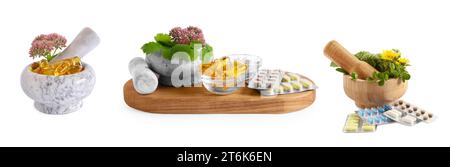 Set Mörser, Kräuter und Pillen isoliert auf weiß. Alternative Medizin Stockfoto